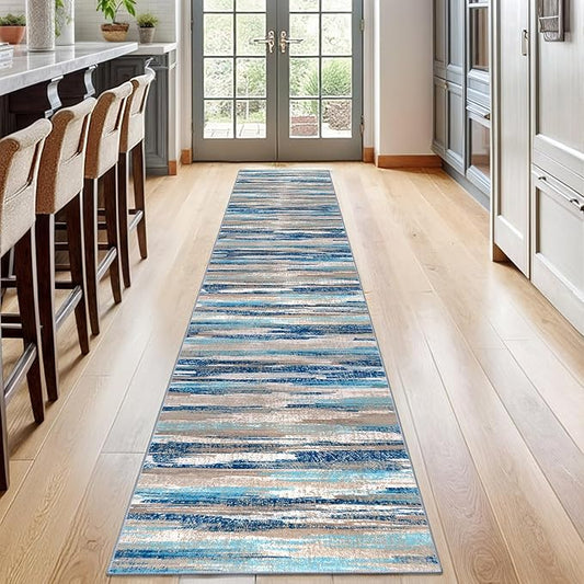 Modern Abstract Runner Rug 2x12, Blue Washable Long Kitchen Runner Non-Slip Soft Hallway Rug Runner Thin Print Faux Wool Carpet for Entryway Bedroom Laundry Room Indoor Home Decor