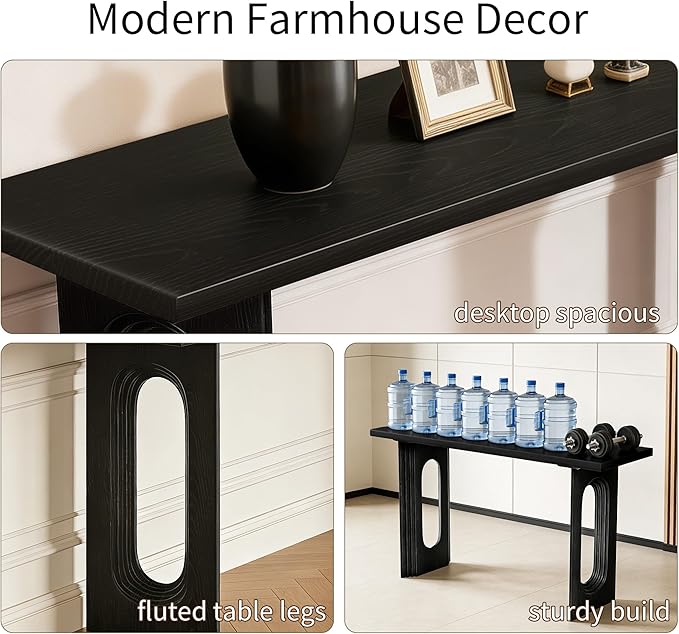 59.2" Entryway Table,Fluted Console Table Modern Farmhouse,Widen Sofa Tables Behind The Couch,Wooden Side Console Table Hollow Support Legs for Living Room/Hallway/Entry Way/Foyer Black