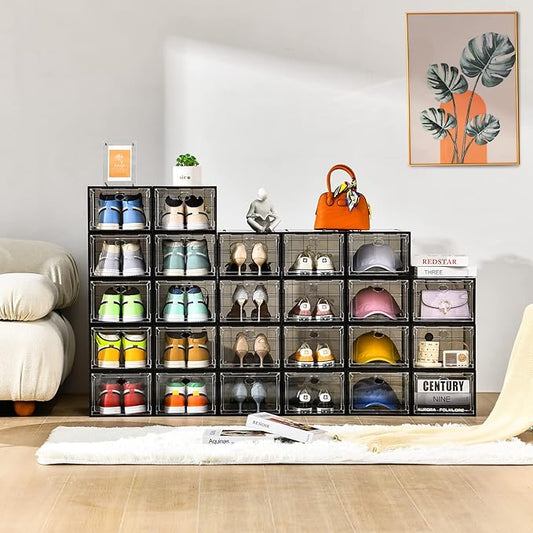 12 Pack Shoe Boxes Stackable,Upgraded Sturdy Shoe Storage Boxes with Clear Magnetic Door,Multifunctional Sneaker Storage, Shoe Box Organizer Fit up to US Size 12 Gray(13.8”x 9.84”x 7.1”)