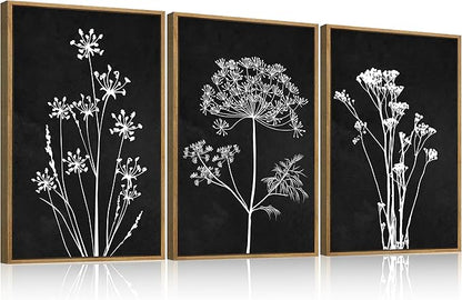BINCUE Extra Large Framed Black and White Wall Art Floral Wall Decor Botanical Paintings for Living Room Bedroom Bathroom 24x36 Inch 3 Piece
