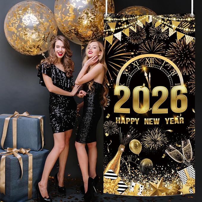 MEHOFOND 2026 Happy New Year Door Cover, Black and Gold New Year Front Door Party Decorations, Cheers to 2026 Hello 2026 Fireworks Champagne Balloon Decor Holiday Party Photo Booth Props