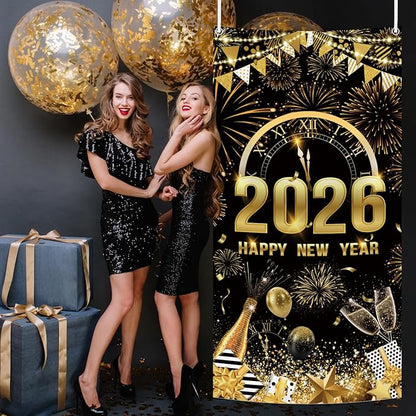 MEHOFOND 2026 Happy New Year Door Cover, Black and Gold New Year Front Door Party Decorations, Cheers to 2026 Hello 2026 Fireworks Champagne Balloon Decor Holiday Party Photo Booth Props