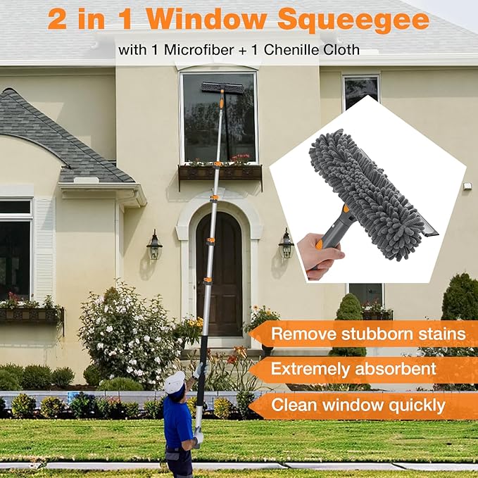 13Ft Window Squeegee with Extension Poles, Extra-Large 14" Window Squeegee 2-in-1 Window Cleaning Kit with Telescopic Pole,Window Cleaner Tool with Adjustable Head, for High Window, Glass, RV