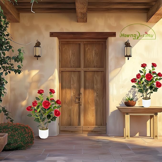 2 Pack Artificial Camellia Tree with White Pot, 24" Faux Potted Plants for Indoor Outdoor Decor, Tall Silk Greenery Plant for Home Office Living Room Balcony, Red