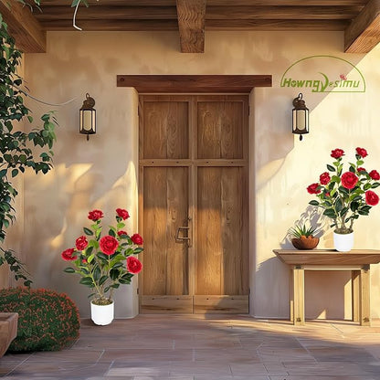 2 Pack Artificial Camellia Tree with White Pot, 24" Faux Potted Plants for Indoor Outdoor Decor, Tall Silk Greenery Plant for Home Office Living Room Balcony, Red