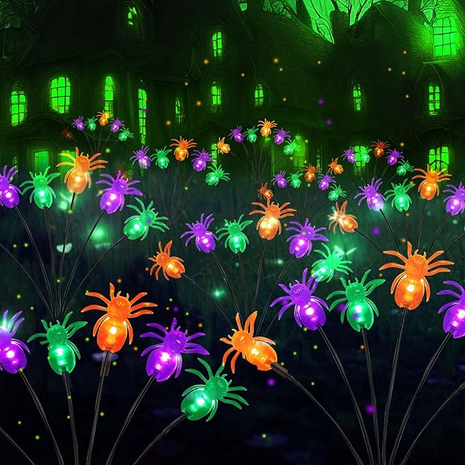 6 Pack 36LED Purple Orange and Green Halloween Solar Spider Garden Lights Outdoor, Solar Firefly Lights Swaying Lights with 2 Modes, Waterproof for Garden Yard Lawn Pathway Halloween Decorations