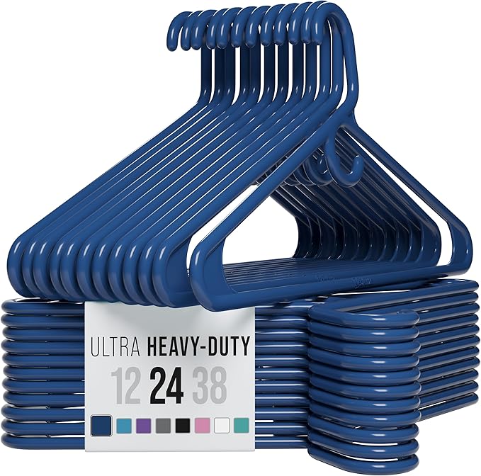 NEATERIZE Ultra Heavy Duty Plastic Clothes Hangers - Navy - Durable Coat, Suit and Clothes Hanger. Perchas De Ropa (24 Pack - Navy)