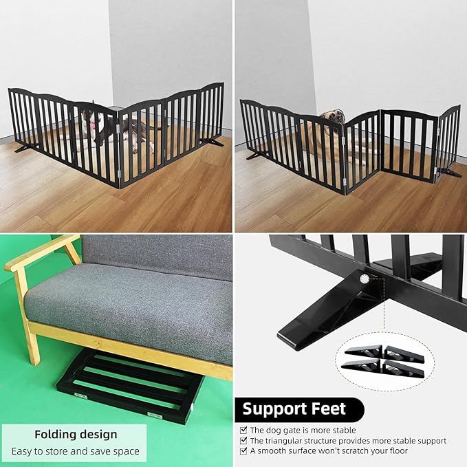 ZJSF Foldable Freestanding Indoor Dog Gate for House Wood White Long Pet Gates Dog Fence for Stairs Puppy Gates for Hallways, Puppy Gate,Support Feet Included, Black, 24 "Height-6 Panels