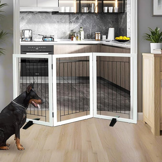 ZJSF Freestanding Dog Gate Indoor, Foldable Dog Fence for Doorways,Hallways or Stairs, Sturdy Wood Extra Wide Pet Gate with Support Feet,White,32 "Height-3 Panels