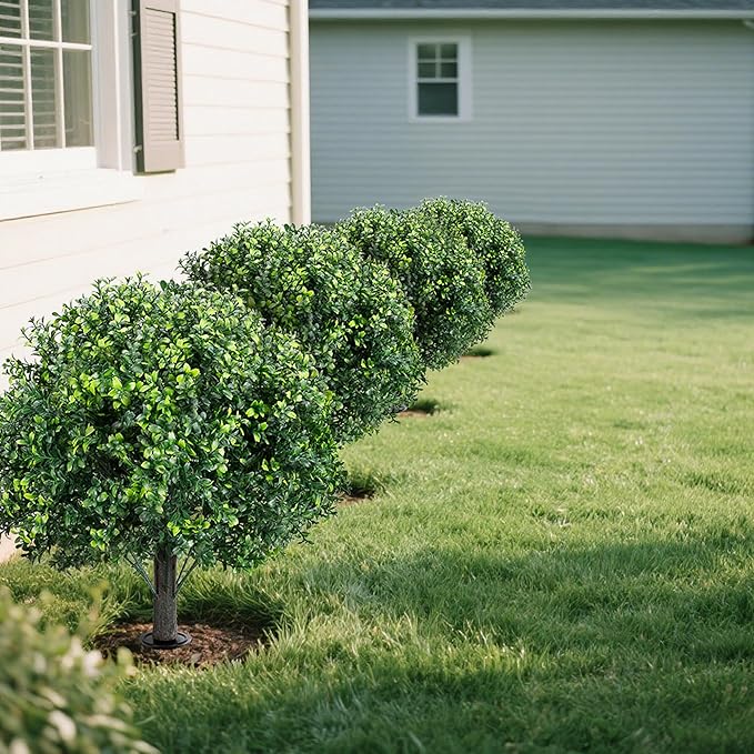 Artificial Boxwood Topiary Ball Tree 2 Pack, UV Resistant Artificial Shrub Bushes with Ground Spike, Fake Evergreen Artificial Plant Bushes for Front Porch, Garden, Indoor, Outdoor Planters