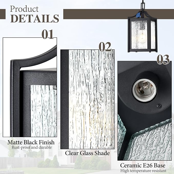 Outdoor Pendant Lights, Dusk to Dawn Modern Outdoor Porch Chandelier Lantern with Sensor, Black Exterior Hanging Porch Light with Raindrop Glass, Adjustable Long Chain, OS-KY1003