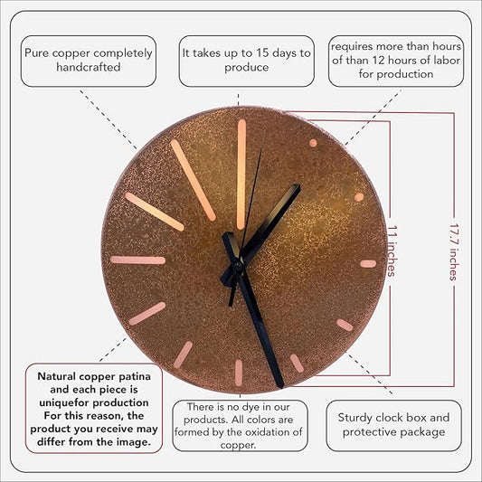 Handmade Pure Copper Wall Clock for Home Decoration, Decor Clock for Living Room, Bedroom and Kitchen, Rustic Decorative Mural Clock Art for Farmhouse (Lines of Time, 11)