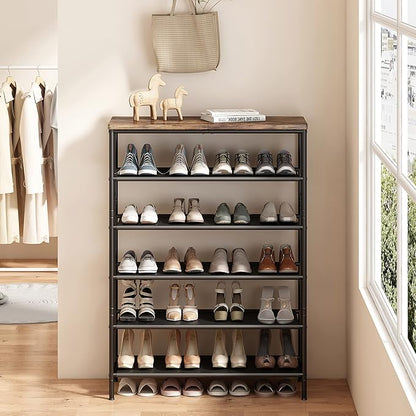 Shoe Rack Organizer 5 Tier Metal Organizer Shelf with Industrial MDF Board and Layer Fabric for Entryway Closet Bedroom Living Room Garage,Black & Rustic Brown (Black+Rustic Brown, 6 Tier)