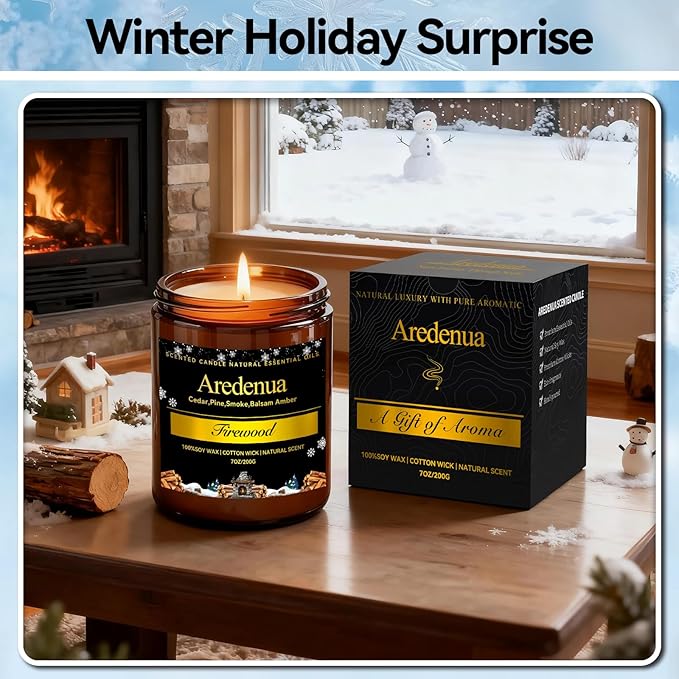 Winter Candles – Firewood Scented Candle | 7oz Soy Candles for Home Cozy Scented, Holiday Aromatherapy Candle | Winter Gifts for Women Men - 50H Clean & Long Lasting Burn