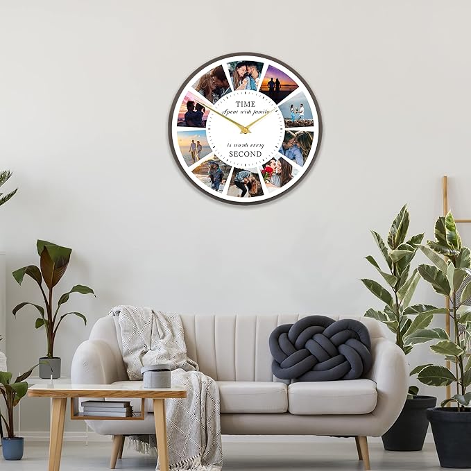 Personalized Photo Collage Wall Clock - 10 Picture Family Quote Clock, Custom Rustic Farmhouse Style for Home, Kitchen, Living Room, Silent Battery Powered, Gift for Christmas