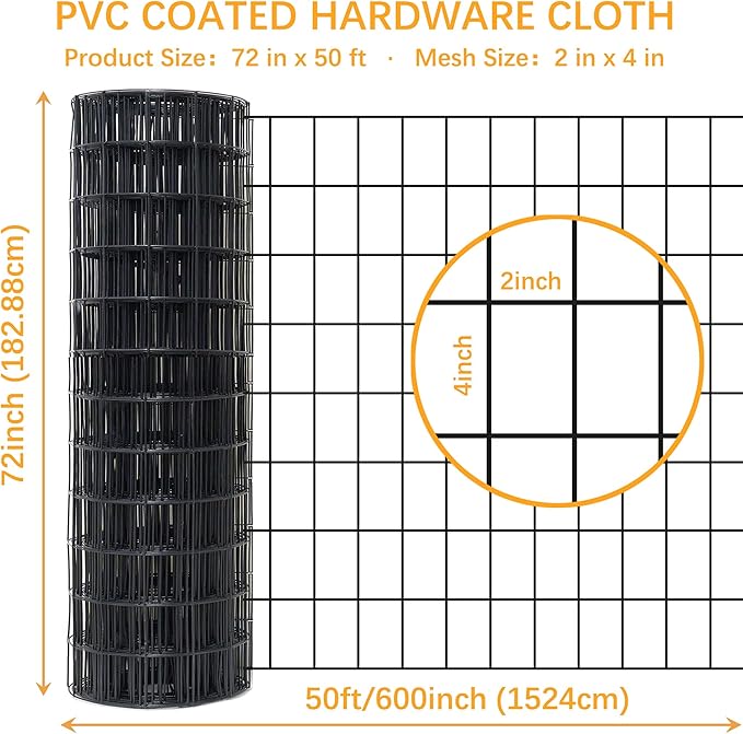Black Metal Garden Fence, 72inch(H) x 50ft(L), 2 inch x 4 inch,12.5GA 2/3/4/5/6 Ft Tall Chicken Wire PVC Coated Welded Wire Mesh Roll for Dogs Border Yard Vegetable Plant Protection Poultry Netting
