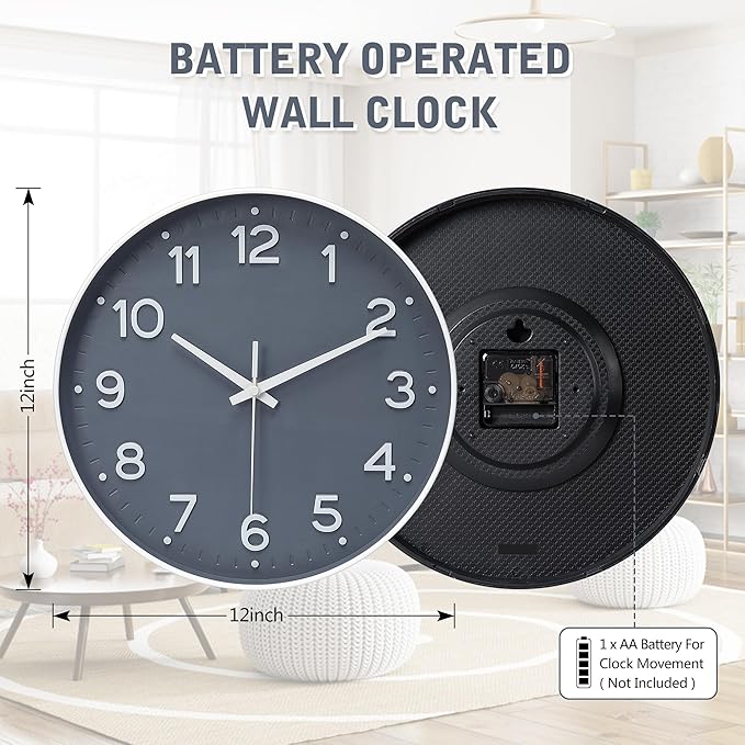 MEIRED Wall Clock 12 Inch Silent Non Ticking Battery Operated Round Wall Clock Modern Simple Style Decor Clock for Home/Office/School/Kitchen/Bedroom/Living Room, Gray and White