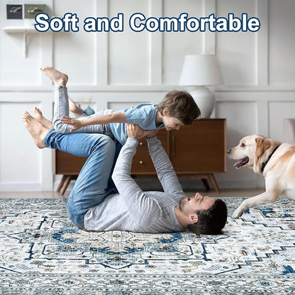Area Rugs for Living Room 10x12 - Large Machine Washable Vintage Oriental Soft Rug, Low Pile Thin Carpet with Non Slip Backing for Bedroom, Dorm, Under Dining Room Table, Indoor House, Office Decor