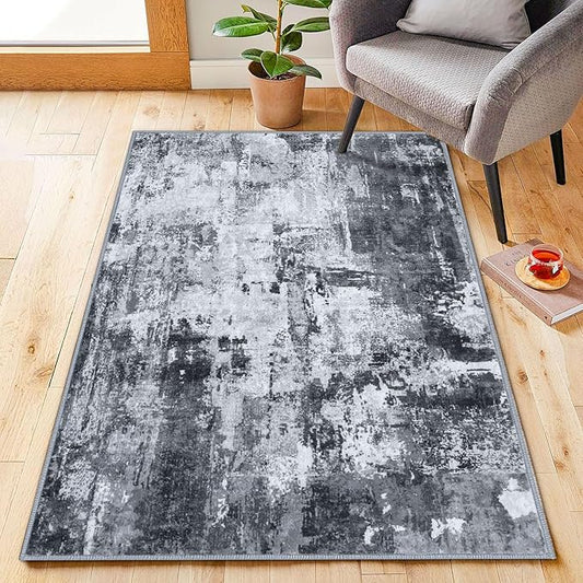 KOZYFLY Modern Abstract 3x5 Rug Gray Washable Rug Entry Rug, Soft Non-Slip Contemporary Nursery Mat Indoor Throw Kitchen Carpet with Soft Low Pile for Bedroom Office Living Room Bathroom Dorm
