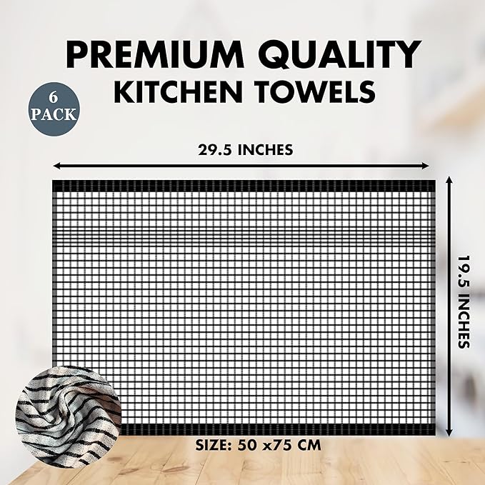 6 Pack Cotton Kitchen Towels – 29.5 x 19.5 Inches Grey & White Checkered Tea Towels, Absorbent Dish Cloths & Kitchen Drying Towels, Quick-Dry Hand Towels with Hanging Loop, Durable, Woven Design
