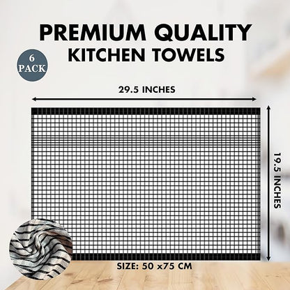 6 Pack Cotton Kitchen Towels – 29.5 x 19.5 Inches Grey & White Checkered Tea Towels, Absorbent Dish Cloths & Kitchen Drying Towels, Quick-Dry Hand Towels with Hanging Loop, Durable, Woven Design