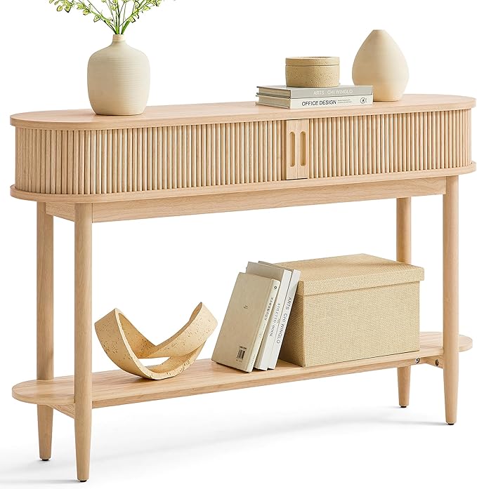 LINSY Fluted Console Table with Storage, Entryway Table Wood Entrance Tables for Front Door, Behind Couch Sofa Table with Shelves, Foyer Tables for Hallways, Living Room Boho Furniture, Light Wood