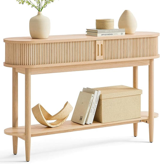 LINSY Fluted Console Table with Storage, Entryway Table Wood Entrance Tables for Front Door, Behind Couch Sofa Table with Shelves, Foyer Tables for Hallways, Living Room Boho Furniture, Light Wood