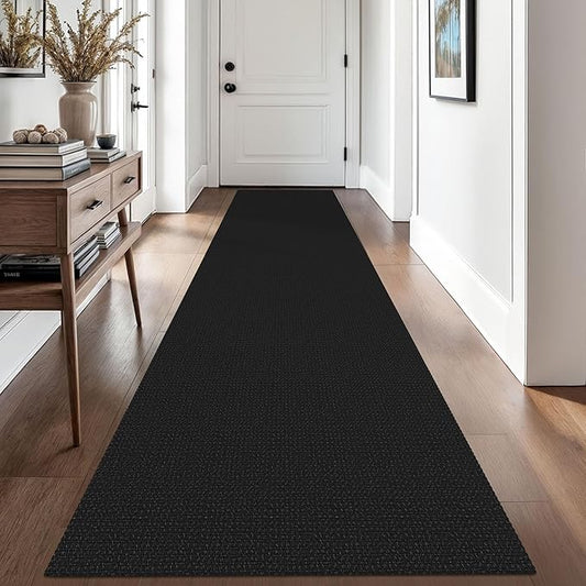 EARTHALL Woven Runner Rug 2.6x10 Ft Washable Runners for Hallways Long Non Slip Rubber Backed Kitchen Runner Braided Indoor Floor Carpet Runners for Entryway, Hallway, Kitchen, Black/Grey
