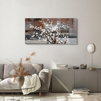 KLAKLA Wall Art for Living Room Large Modern Wall Decor Canvas Paintings for Wall Decorations White Flower on Brown Background Bedroom Office Artwork Plum Blossom Art Prints Framed 20x40