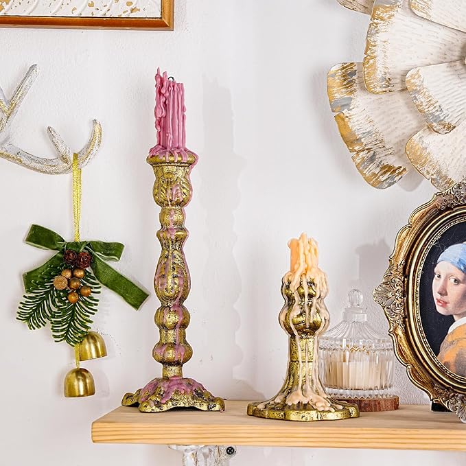Sungmor Vintage Gold Cast Iron Candle Holder – 8.7" Tall Decorative Rustic Taper Candle Stand – Heavy Antique-Style Candlestick for Table Centerpiece, Fireplace Mantel, or Farmhouse Home Décor