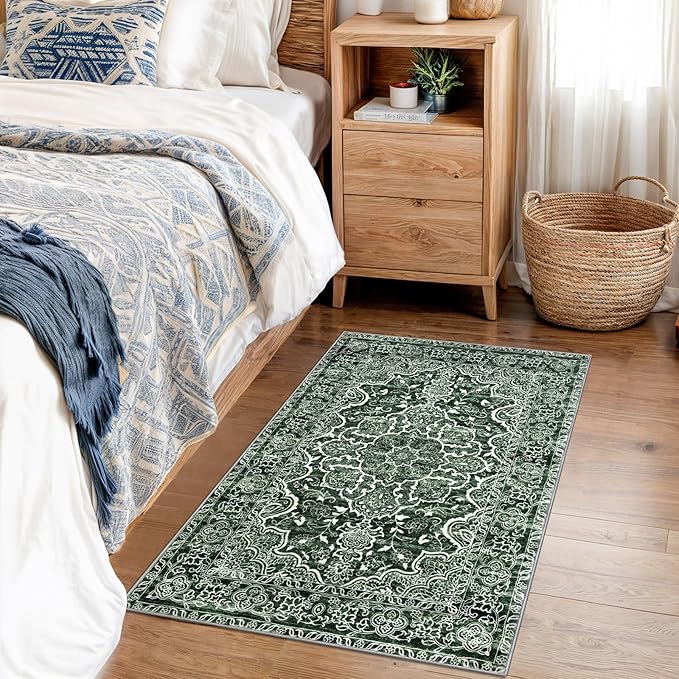 KUTA Vintage Small Area Rug 2x3 Dark Green Washable Entryway Rugs Non-Slip Ultra Soft Printed Floral Rug Doormat Accent Farmhouse Kitchen Throw for Entrance Bedroom Nursery