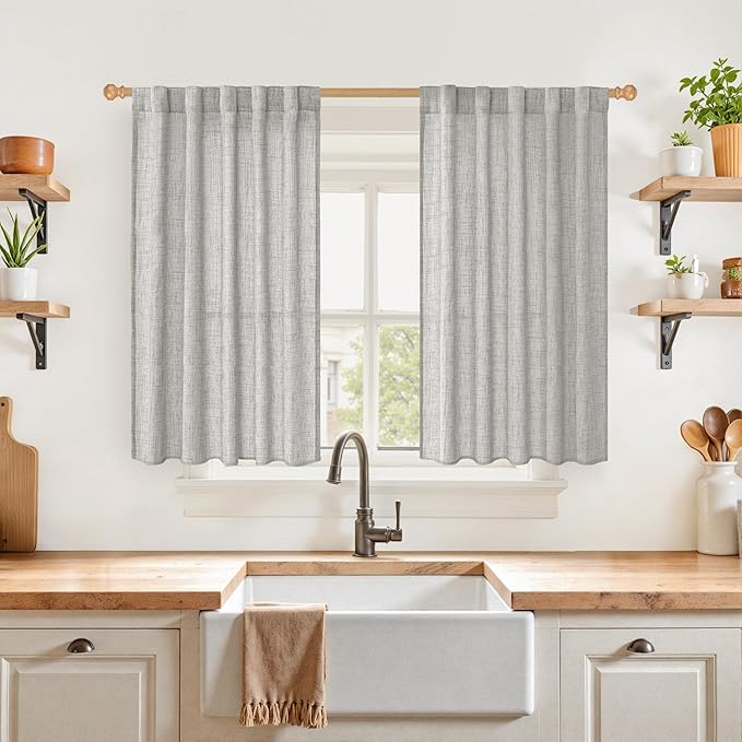 YoungsTex Dark Grey Linen Kitchen Curtains 40 Inches Long for Short Window, Semi Sheer Drapes with Rod Pocket Back Tab Light Filtering Privacy for Cafe Bathroom, 2 Panels, 42 X 40 Inch