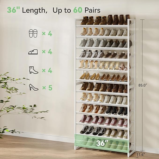 Shoe Rack,12 Tier Metal Shoe Organizer,Max Holds 60 Pairs,Heavy Duty Shoes Shelf for Garage, Entryway, Closet,White