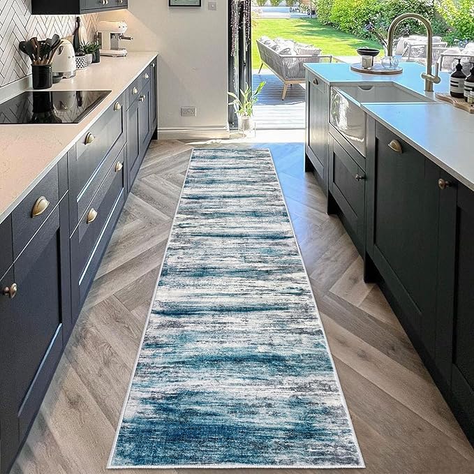 KOZYFLY Modern Abstract Kitchen Runner Rug, 2x10 Washable Rug Runner Non-Slip Soft Striped Hallway Runner Rugs, Light Blue Print Carpet Runner for Entryway Bathroom Laundry Room Foyer
