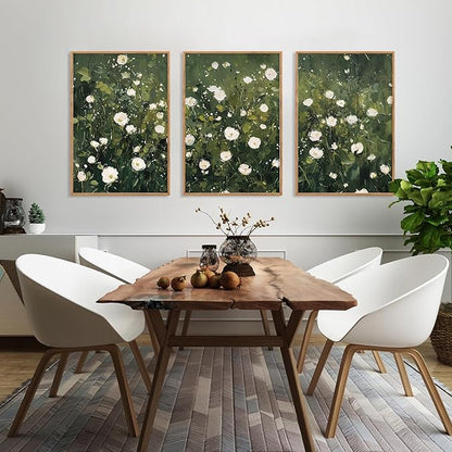 HLNIUC Green White Floral Framed Wall Art Set, Abstract Flower Canvas Wall Decor, Modern Botanical Wall Painting, Blossom Landscape Art Print for Living Room, Bedroom, Office - 16"x24"x3