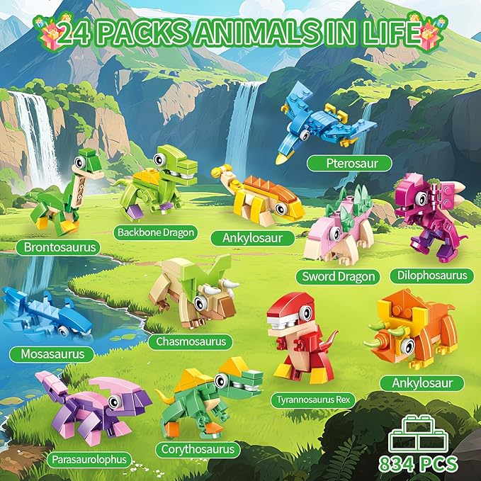 Dinosaur Party Favors for Kids - 24 Pack 72 Kinds of Animals Building Block Toy Goodie Bags Fillers Classroom Prizes Stuffers Gifts Building Set, Christmas Birthday Gift for Boys Girls Ages 6-12