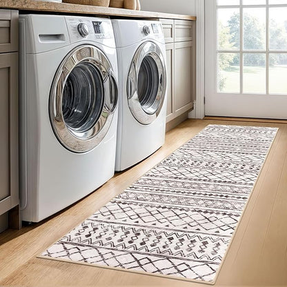 KUTA Moroccan Washable Hallway Runner Rug 2x6 Non-Slip Vintage Brown Cream Boho Runners Kitchen Rugs Ultra Soft Distressed Geometric Floor Carpet for Bedroom Laundry Living Room