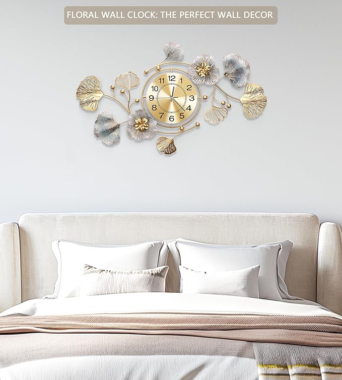 Clocks for Living Room, Large Wall Clock, 3D Silent Wall Clock, Retro Metal Ginkgo Leaf Design, for Bedroom Kitchen Decorative Wall Clocks（32''x18'' ）