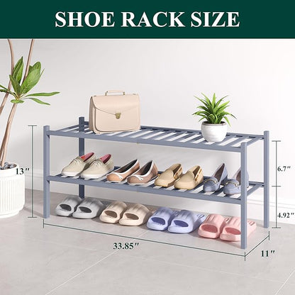 Smiry Bamboo Shoe Rack for Closet, 2 Tier Long Wooden Stackable Shoe Organizer, Free Standing Shoes Storage Shelf for Entryway, Front Door Entrance, Grey