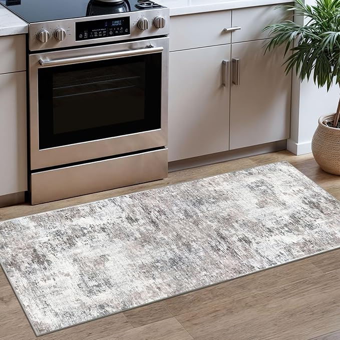 Modern Abstract Runner - 2x5, Beige Grey Washable Kitchen Entryway Rug Mat Non-Slip Soft Neutral Hallway Rug Thin Print Faux Wool Carpet for Bedroom Laundry Room Indoor