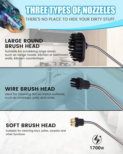 FoundGo 1700W Tankless Handheld Steam Cleaner with 7 Brushes 20s Heating to 239℉ Pressurized Portable Steam Cleaner, Cleaning Home/Kitchen/Car & More-Blue