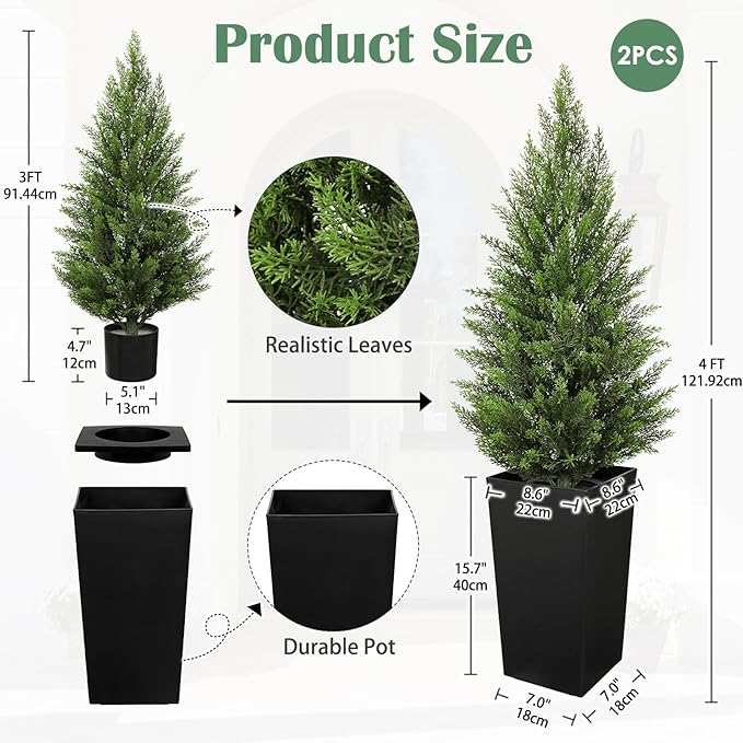 Briful Artificial Cedar Topiary Trees 4ft, Set of 2 Faux Potted Christmas Porch Trees Cypress Sbrubs, UV-Resistant Front Door Greenery in Tall Black Planter for Indoor Outdoor Holiday Décor
