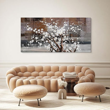 KLAKLA Wall Art for Living Room Large Modern Wall Decor Canvas Paintings for Wall Decorations White Flower on Brown Background Bedroom Office Artwork Plum Blossom Art Prints Framed 20x40