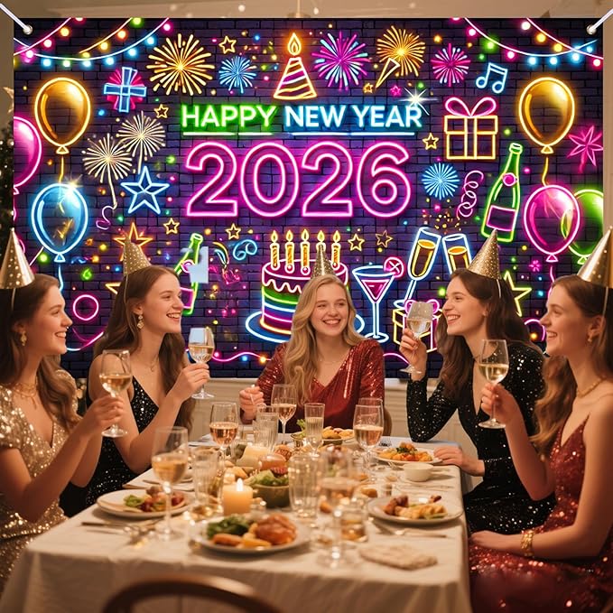 Nuxovilar Graffiti - Style Happy New Year 2026 Banner - Festive Party Decorations Backdrop with Balloons Cake, 71x43 Inch