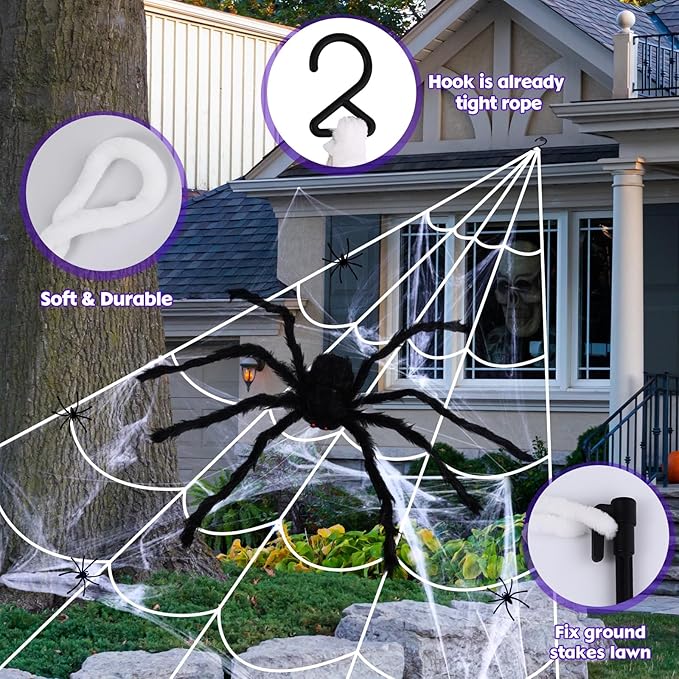 Spider Web Halloween Decorations Outdoor Lights 16.4 ft 135 LED Purple Light up Giant with Scary Realistic Spider, Stretch for Decoration Outdoor Haunted House