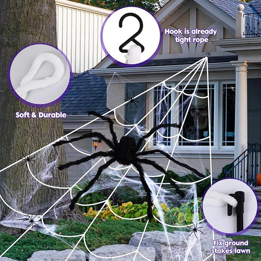 Spider Web Halloween Decorations Outdoor Lights 16.4 ft 135 LED Purple Light up Giant with Scary Realistic Spider, Stretch for Decoration Outdoor Haunted House