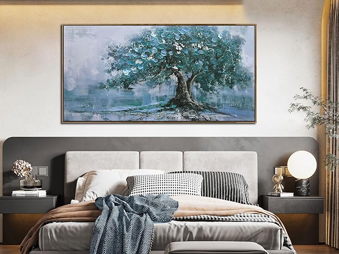 Ardemy Framed Tree Canvas Wall Art for Living Room Teal Tree of Life Landscape Bedroom Pictures Wall Decor Nature Paintings Artwork for Walls Home Office Dining Room Kitchen 58"x29"