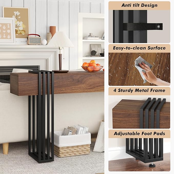 63 Inch Long Console Table, Extra Thick Industrial Sofa Table Behind The Couch Rectangular Entryway Table for Entrance Hallway Living Room, Entire top Board & 4-Pipe Legs, Rustic Brown