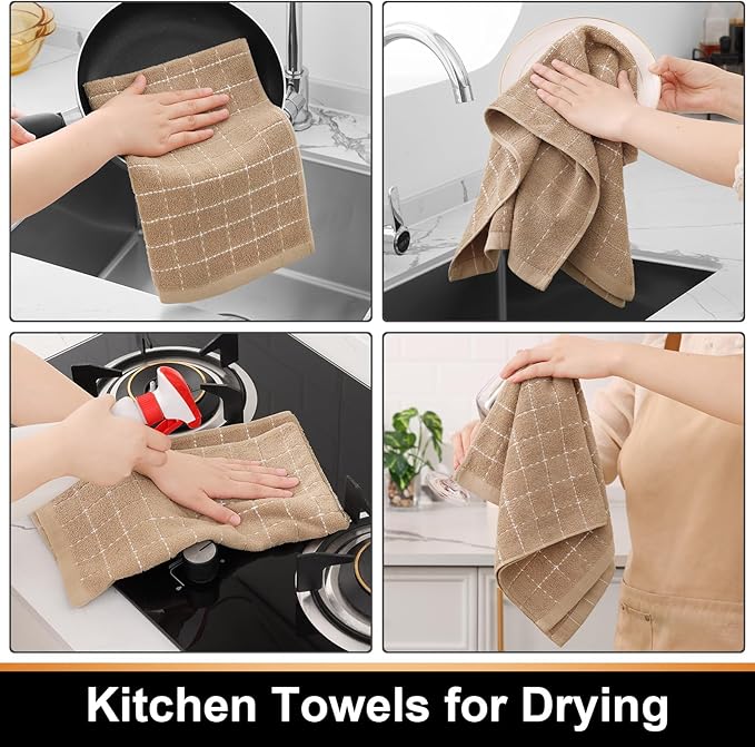 Mordimy 100% Cotton Terry Cloth Kitchen Towels, Super Soft and Absorbent Dish Towels for Drying, Checkered Designed Hand Towels for Kitchen, 16 x 26 Inches, 4 Pack, Tan