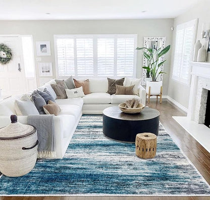 KOZYFLY Area Rug 9x12 Modern Ombre Living Room Rug, Washable Large Thin Rugs Non-Slip Soft Striped Rug for Bedroom, Print Blue Abstract Carpet for Laundry/Kid Room